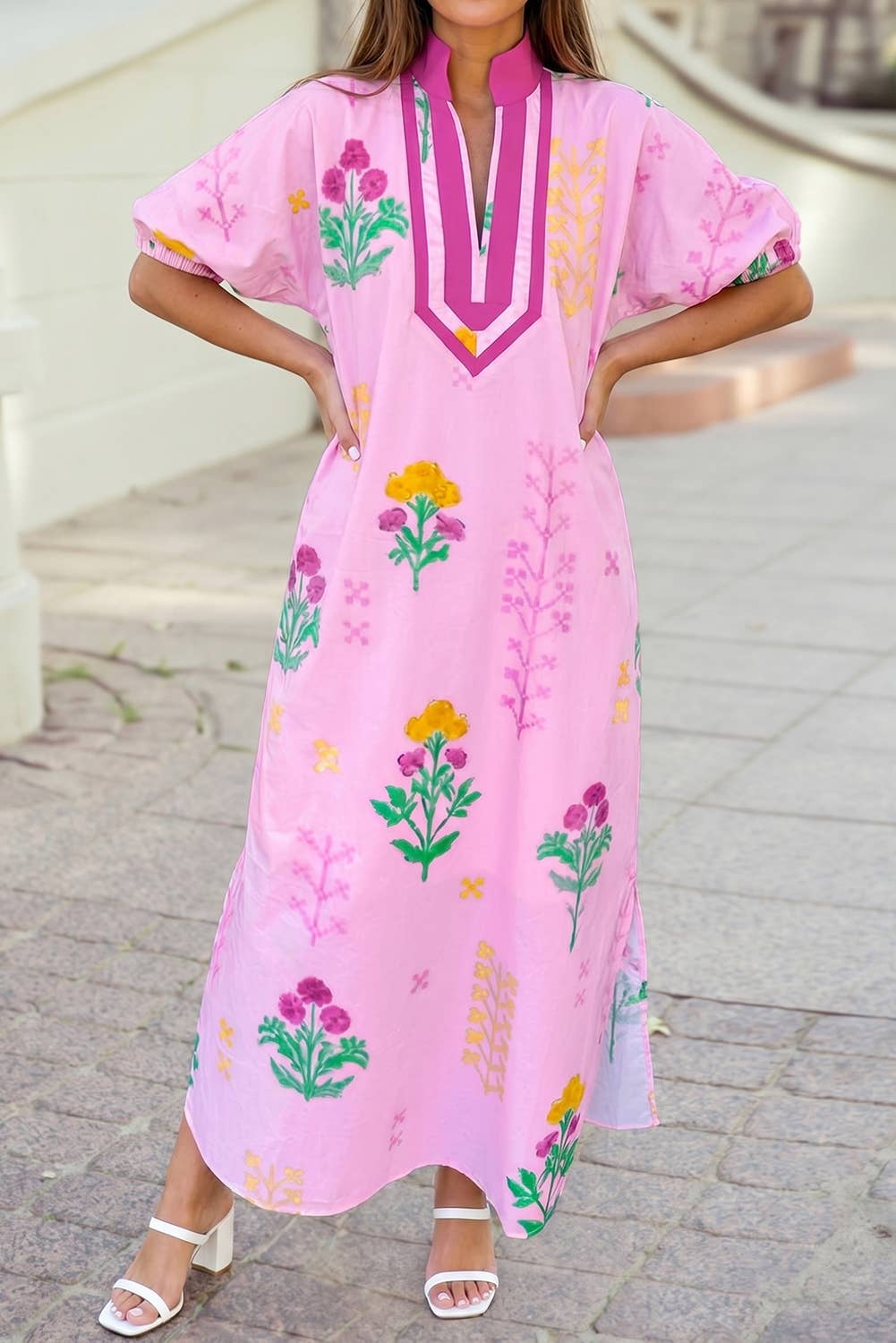 Floral Print Short Sleeve Colorblcok Trim V Neck Midi Dress