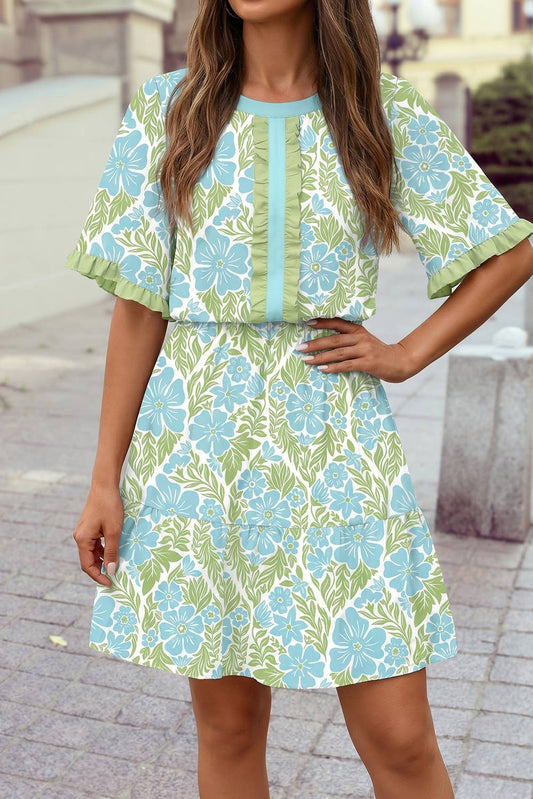 Floral Print Ruffled Detail Short Sleeve Mini Dress