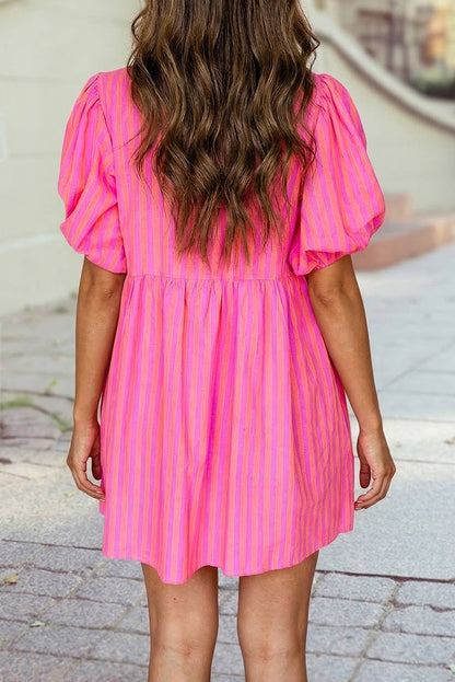 Striped Print Bow Detail Short Puff Sleeve Mini Dress