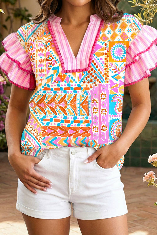 Contrast Trim Patchwork Tiered Short Sleeve Blouse S-4X