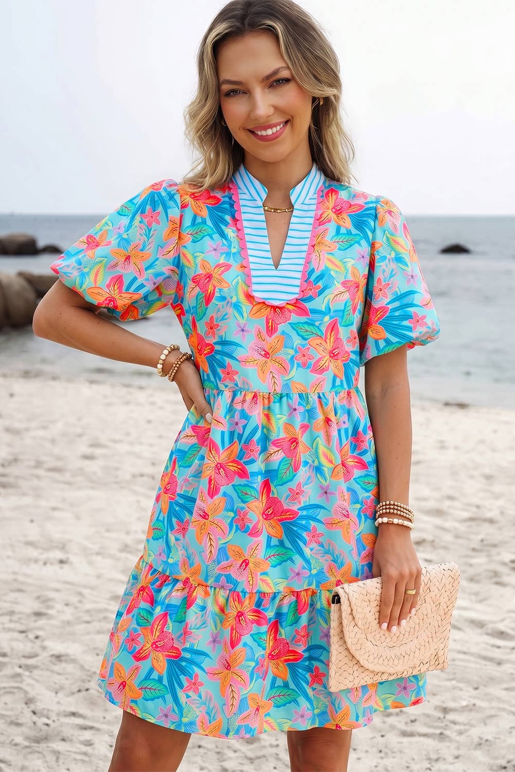 Floral Print Contrast Scallop Striped Trim V Neck Dress