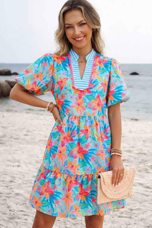 Floral Print Contrast Scallop Striped Trim V Neck Dress