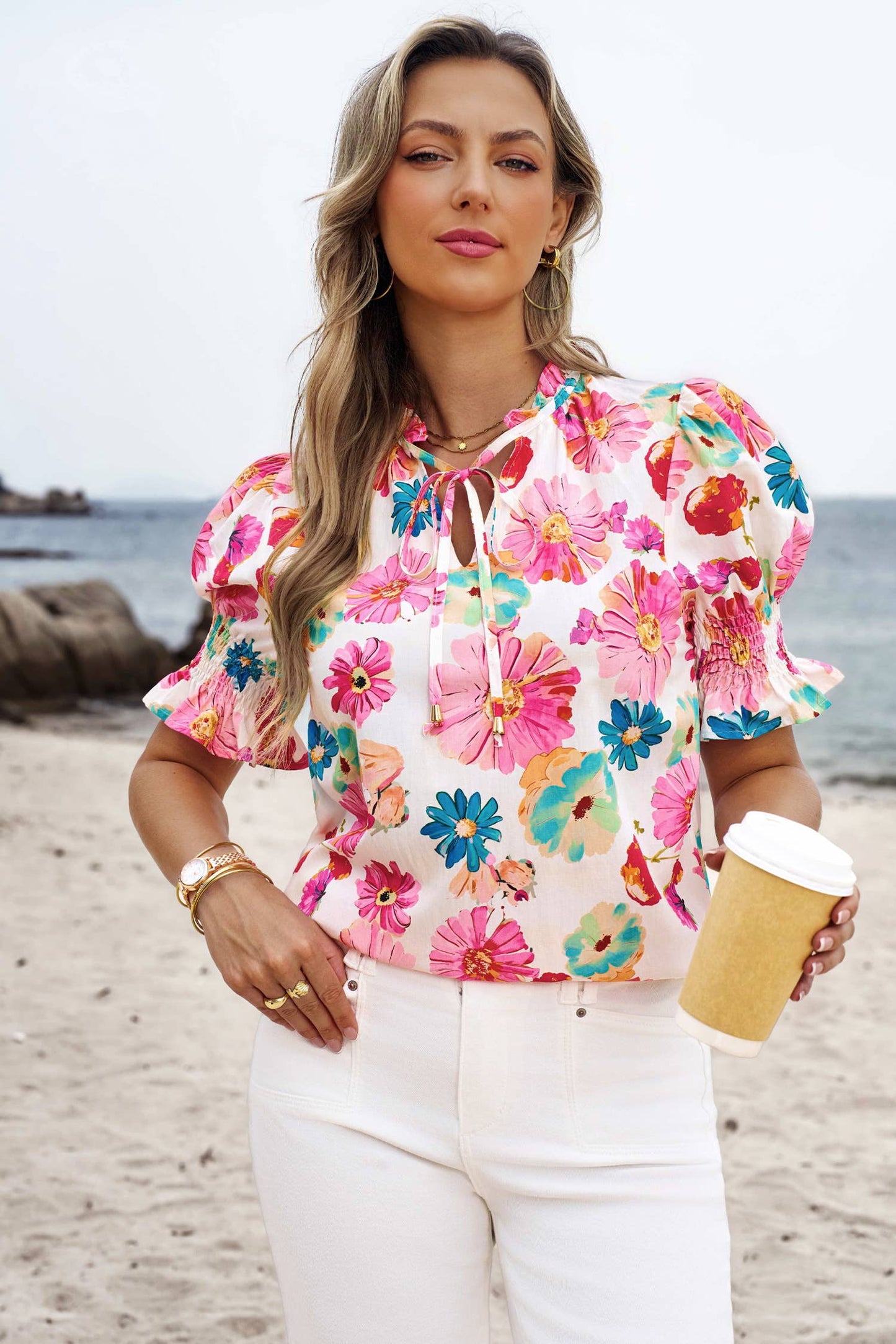 Vibrant Summer Floral Tie V Neck Short Puff Sleeve Blouse