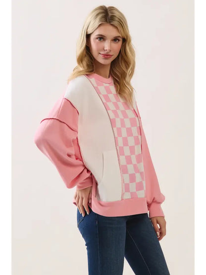 Checker Print Drop Shoulder Pullover Top