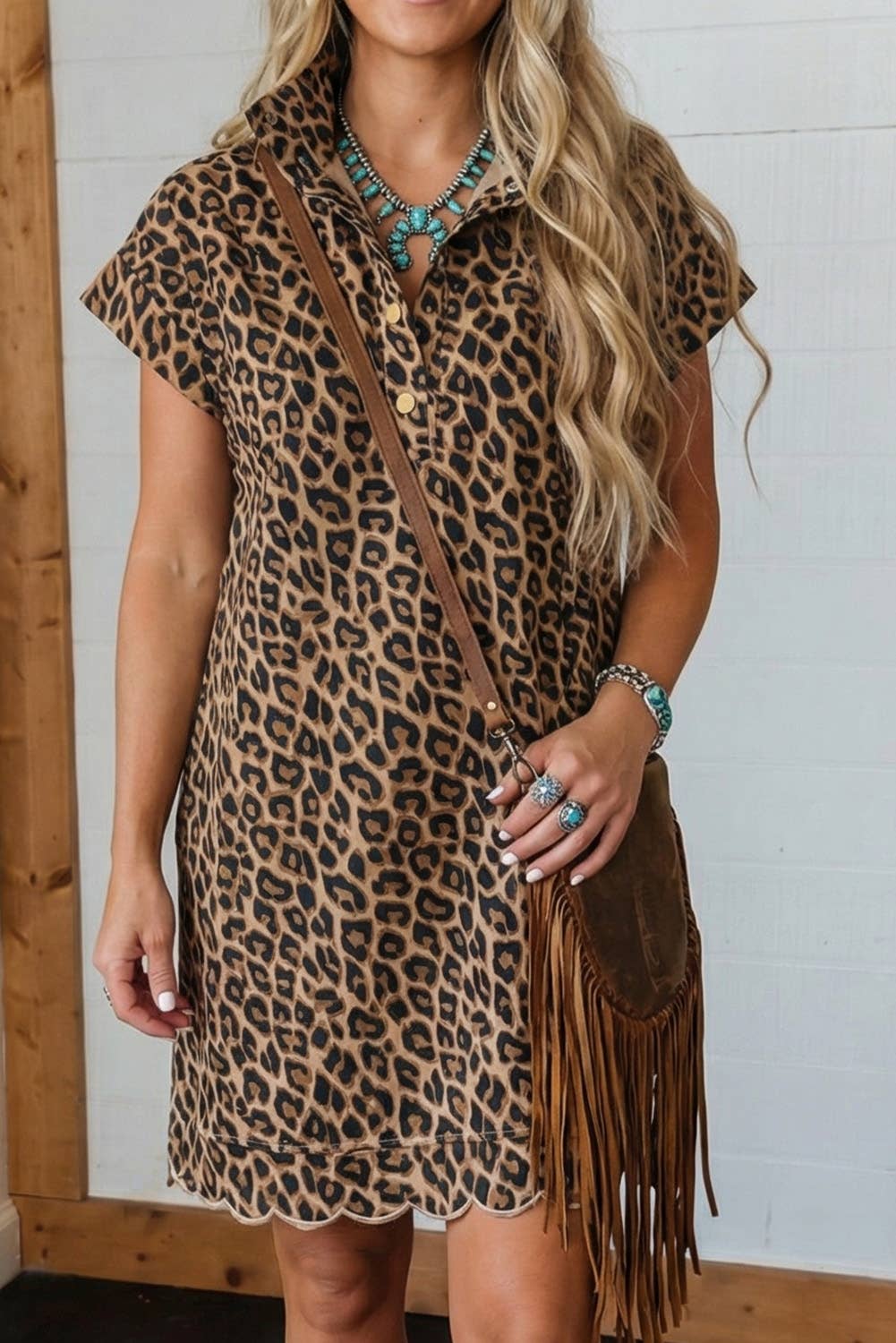 LAS Westren Buttoned Shift Leopard Dress with Pockets (S-XL)