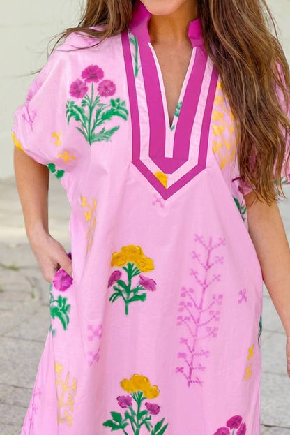 Floral Print Short Sleeve Colorblcok Trim V Neck Midi Dress
