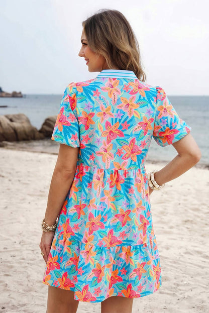 Floral Print Contrast Scallop Striped Trim V Neck Dress