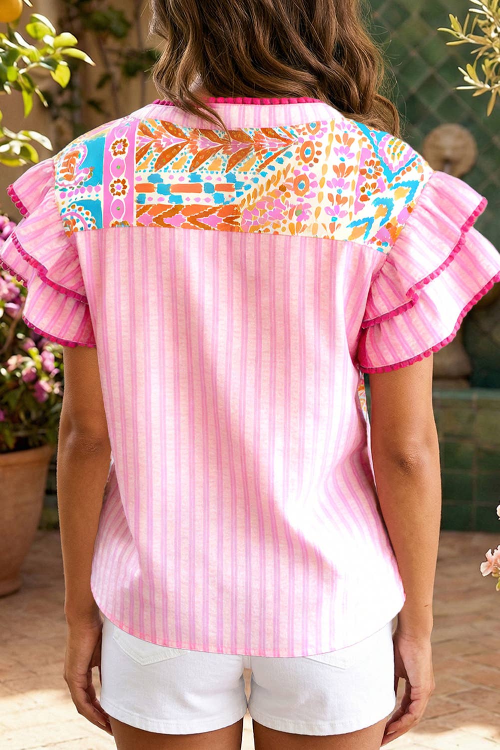 Contrast Trim Patchwork Tiered Short Sleeve Blouse S-4X