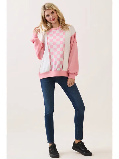 Checker Print Drop Shoulder Pullover Top