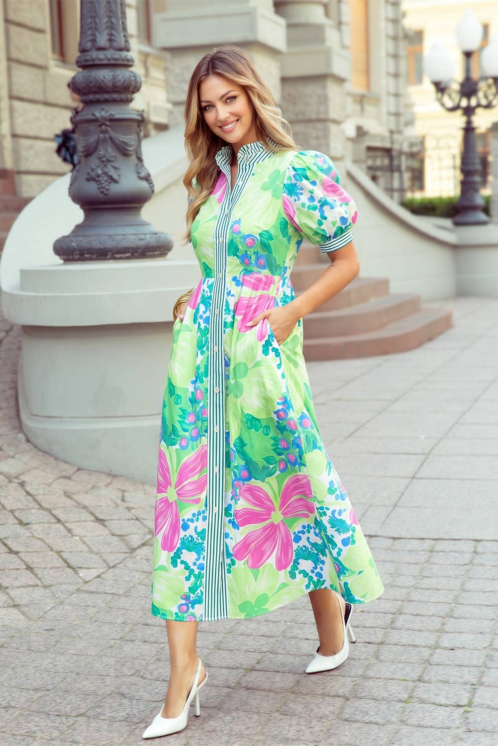Floral Striped Trim Button Down Short Sleeve Vacation Dress
