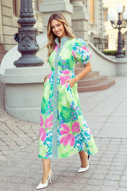 Floral Striped Trim Button Down Short Sleeve Vacation Dress