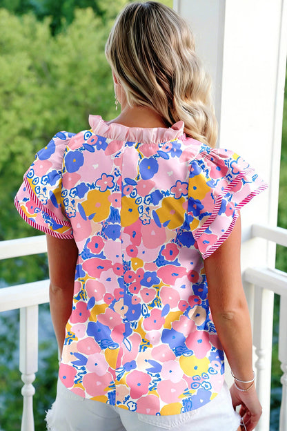 Floral Print Ruffled Short-Sleeve Blouse