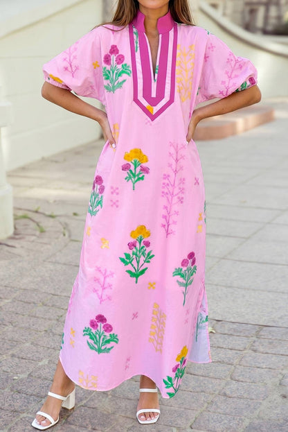 Floral Print Short Sleeve Colorblcok Trim V Neck Midi Dress