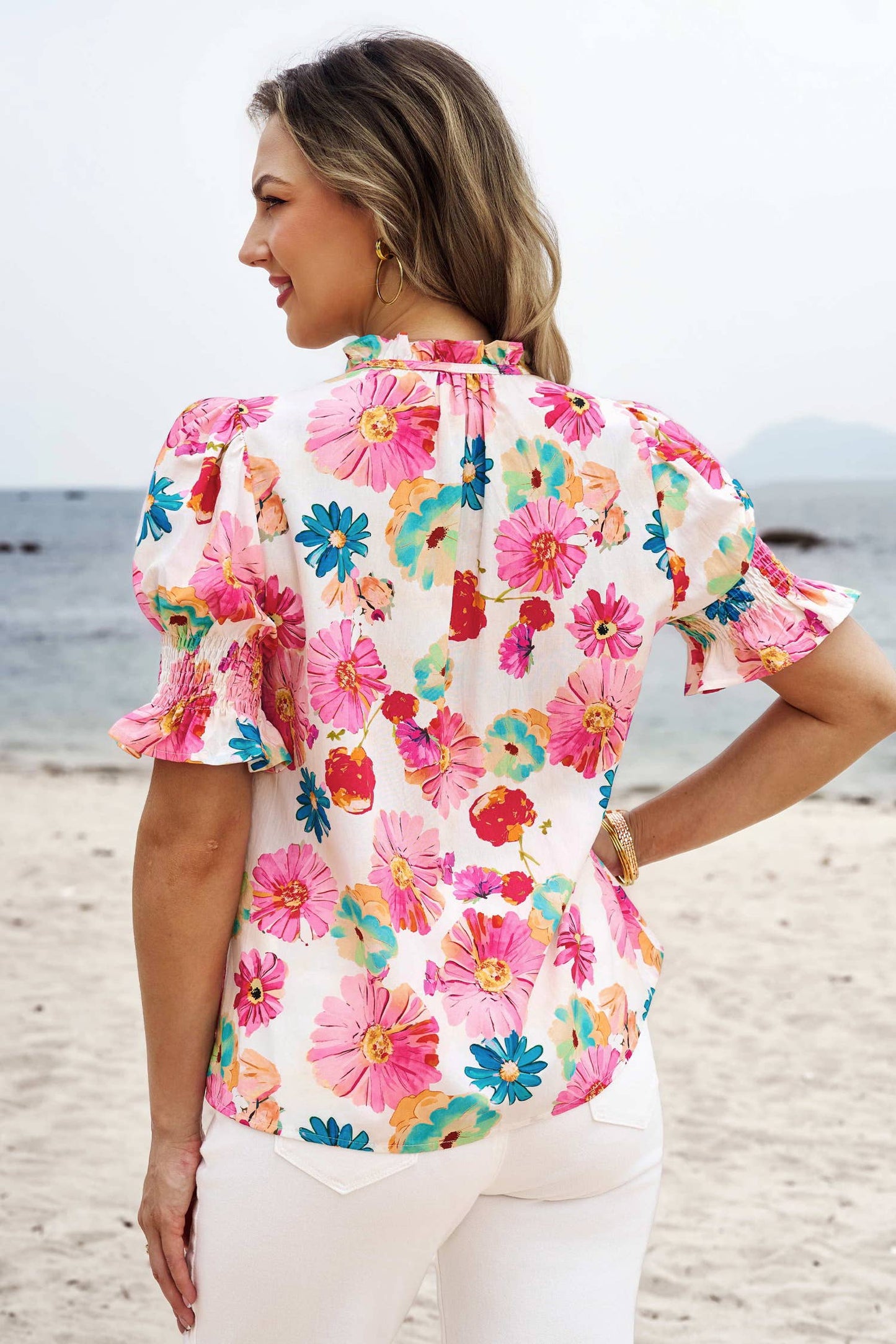 Vibrant Summer Floral Tie V Neck Short Puff Sleeve Blouse