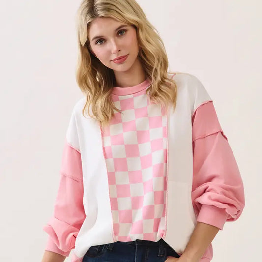 Checker Print Drop Shoulder Pullover Top