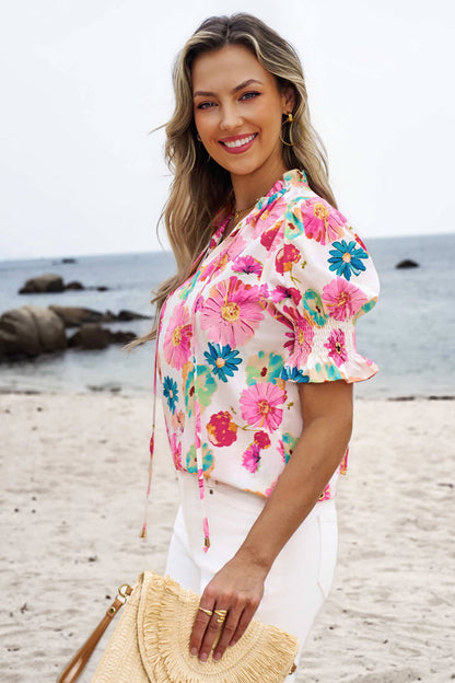 Vibrant Summer Floral Tie V Neck Short Puff Sleeve Blouse