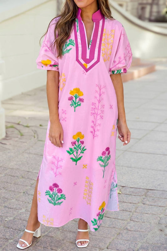Floral Print Short Sleeve Colorblcok Trim V Neck Midi Dress