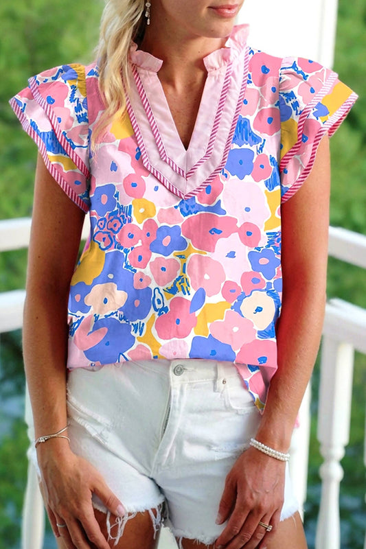 Floral Print Ruffled Short-Sleeve Blouse