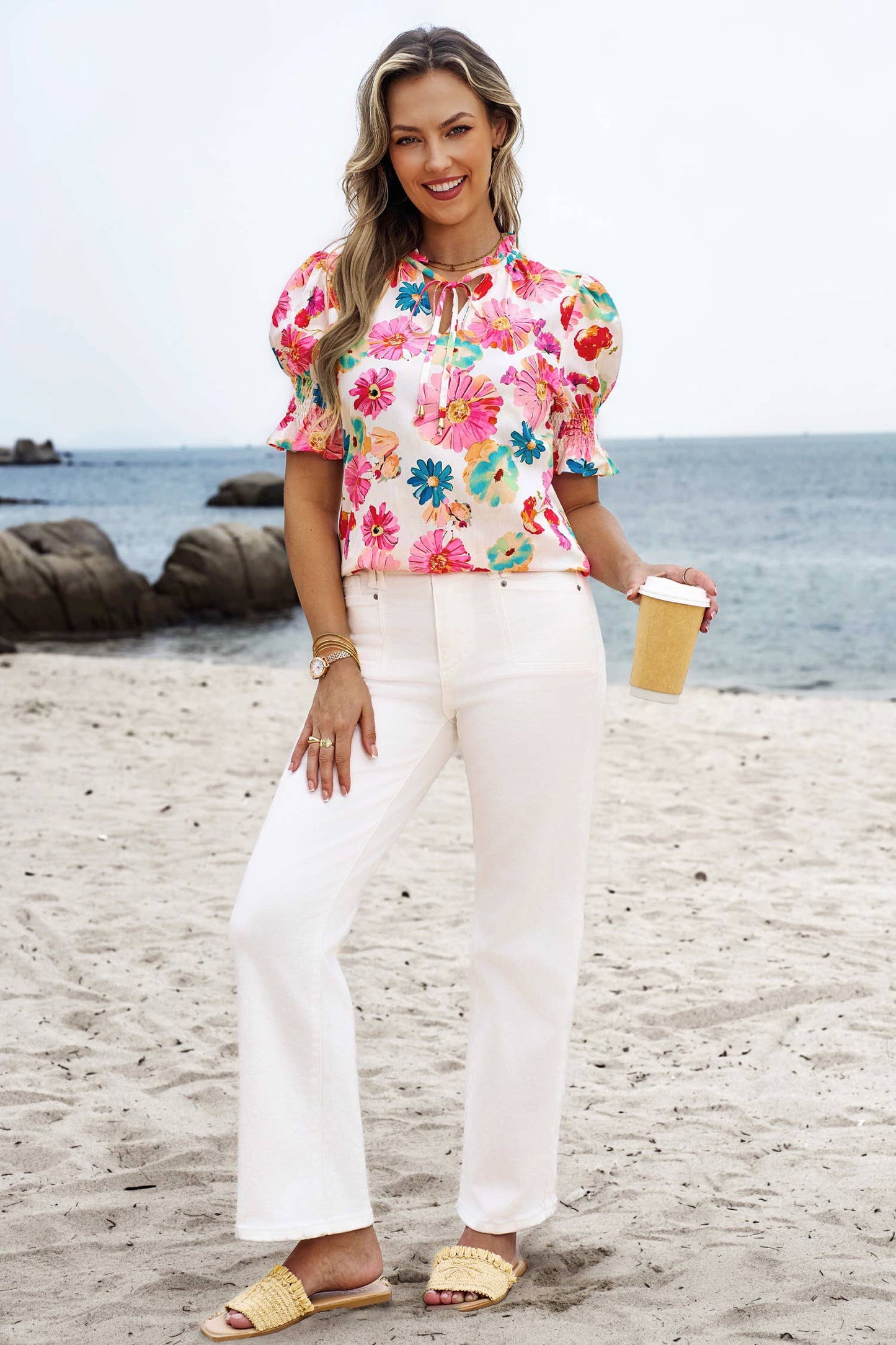 Vibrant Summer Floral Tie V Neck Short Puff Sleeve Blouse