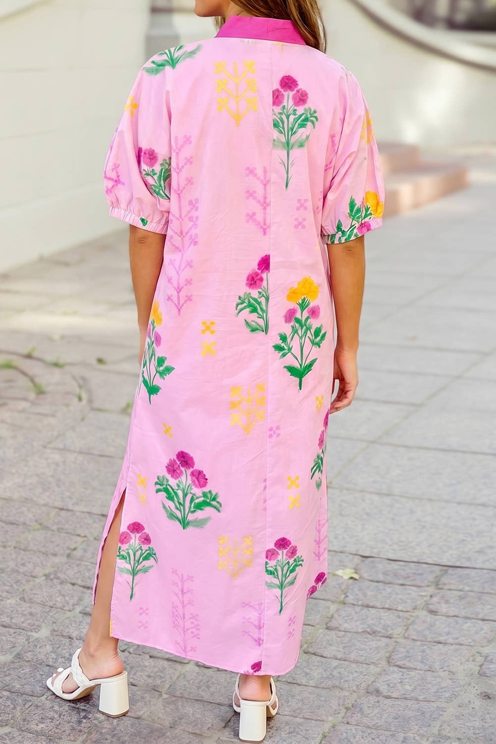 Floral Print Short Sleeve Colorblcok Trim V Neck Midi Dress